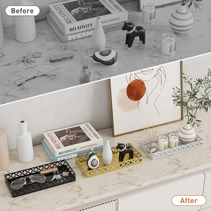 Bathroom Vanity Tray for Counter Organizer - 11 Inch Small Decorative Tray Gold Rectangle Countertop Tray for Perfume Makeup Cosmetic Jewelry