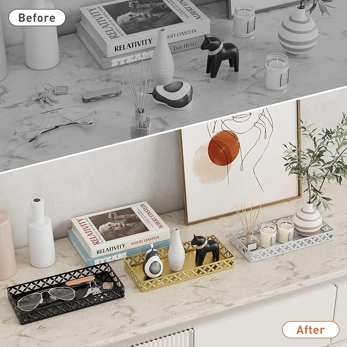 EKNITEY Vanity Tray for Bathroom Counter - Small Rectangle Decorative Tray 11 Inch Black Batroom Countertop Tray Organizer for Perfume Makeup Cosmetic Jewelry