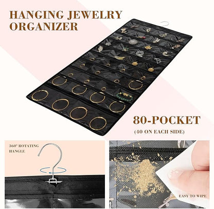 80 Pocket Hanging Jewelry Organizer with Hanger Metal Hooks Storage On Wall Door Closet Double-Sided(Each Side 40 Pockets) Jewelry Holder for Earrings, Necklaces, Rings (4 PACK BLACK)