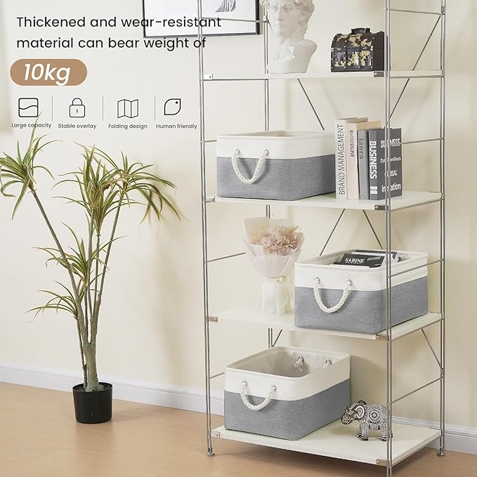 Large Storage Baskets- 15.7x11.8x8.26 inch Storage Bins for Shelves and Closet Organizing, Foldable Fabric Bin for Home Organization Clothes and Laundry (1-Pack, White&Gray)