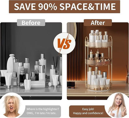 YCIA&DONE 360 Rotating Makeup Organizer and Storage for Vanity Countertop 3 Tiers, High Capacity Cosmetic Skincare Perfume Organizers for Dresser Bathroom Lazy Susan (Amber Gold)