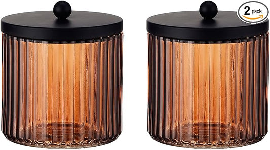 KMwares 2-Pack Glass Qtip Holder Dispenser Set for Cotton Ball, Swab, Round Pads, Floss Picks with Matte Black Metal lid - Bathroom Canister Storage Organization and Vanity Makeup Organizer (Brown)