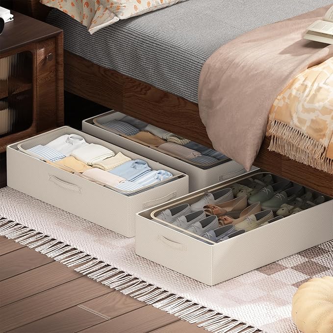 CYhom 3Pcs Under Bed Storage Bins with Metal Frame - Shoe Organizer for Closet with Clear Cover Oxford Fabric Sturdy Underbed Container Foldable Stackable Clothes Organizer (Beige, 23.5x11.8x6.3)