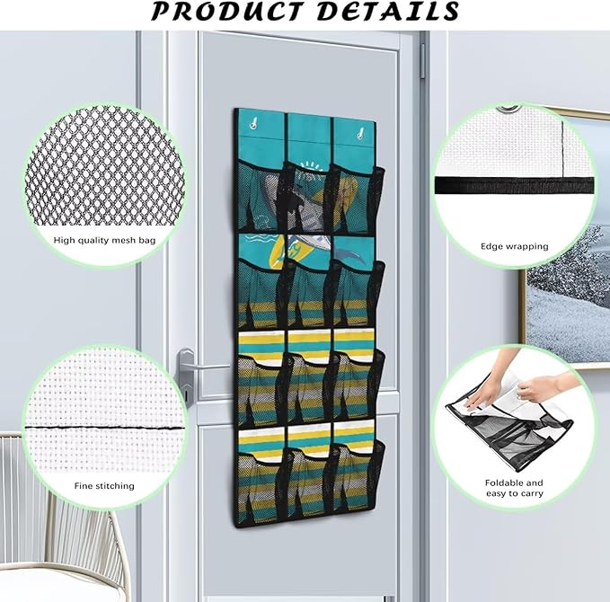 Large Capacity Door Organizer with 12 Pockets, Storage Hanging Bag Behind the Door for Accessories and Essentials, Foldable and Space Saving Design for Home Use, Cartoon Shark and Stripe