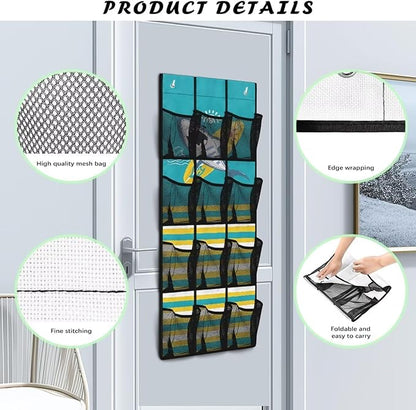Large Capacity Door Organizer with 12 Pockets, Storage Hanging Bag Behind the Door for Accessories and Essentials, Foldable and Space Saving Design for Home Use, Cartoon Shark and Stripe