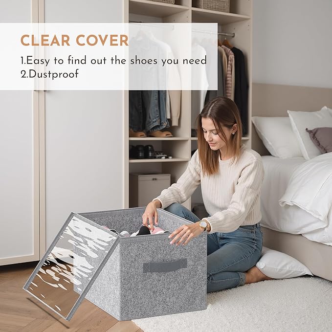 Adjustable Storage Bins for Closet, Wardrobe Clothes Organizer, Shoe Bin, Shoe Organizer, Toys, Closet Storage Solution with Clear Window (Felt Grey 32Pairs, 32Pairs)