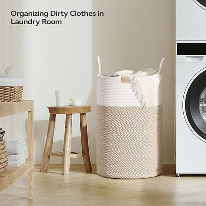 Nunsino Laundry Hamper 75L,Large Laundry Basket for Clothes,Decorative Storage Basket for Blankets,Cotton Rope Woven basket for bedroom,Brown White