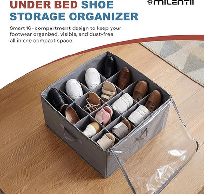 Under Bed Shoe Storage Organizer 16 Compartment, Foldable Shoe Organizer Under Bed with Clear PVC Lid, Shoe Storage Box with Zipper & Handle for Closet Bedroom, Grey, Pack of 2