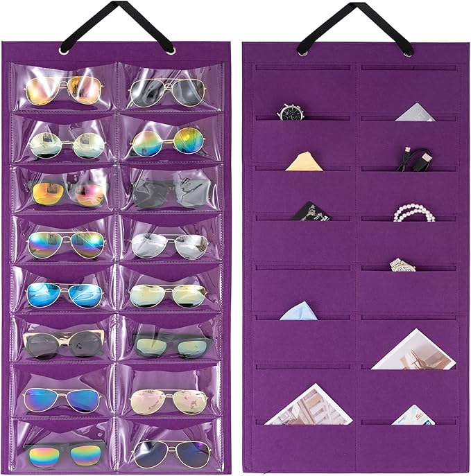 Lolalet Sunglasses Organizer, Hanging Sunglass Holder Organizer for Wall 16 Slots Double Sided Glasses Organizer -Purple, 1 Pack