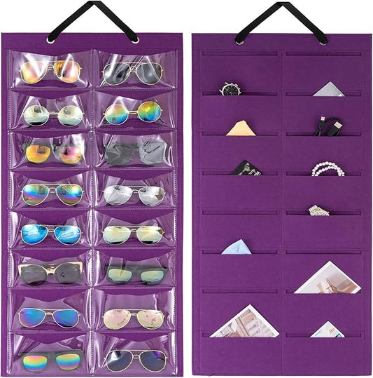 Lolalet Sunglasses Organizer, Hanging Sunglass Holder Organizer for Wall 16 Slots Double Sided Glasses Organizer -Purple, 1 Pack