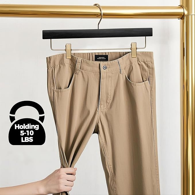 Quality Hangers Wooden Pants Hangers - Multi-Pack Swivel Hook Cloth Hanger Set - Lotus Wood Skirt, Pant, Shorts and Slack Hangers with Adjustable Clip – Clothing Hanger Set (Black - Gold Hook, 100)