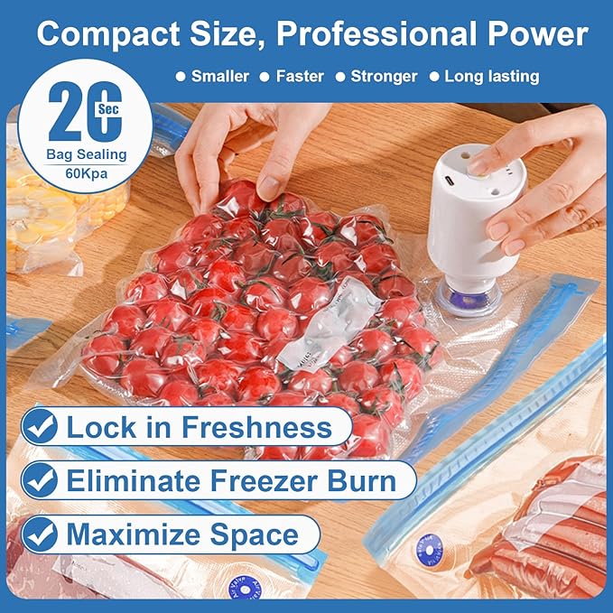 30pcs Vacuum Sealer Kit, Durable/Airtight Food & 3D Printer Filament Storage, with 60KPA Auto Pump & Clips for Cooking/Freezing/Travel/Filament Dry, Compression Storage