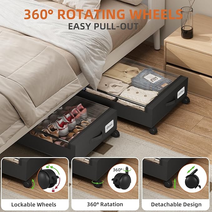 Somdot Under Bed Storage with Wheels, 4 Pack Bed Storage Containers with Dividers & Clear Lids, Easy Pull-out Metal Drawer for Clothes, Shoes,Toys, Blankets (Black)