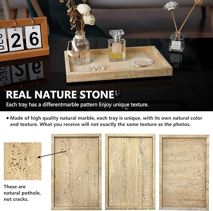 Real Natural Travertine Tray for Bathroom, Vanity, Kitchen and Desktop, Rectangle Genuine Travertine Stone Tray for Jewelry, Cosmetics, Candles, Lotion, Perfume and Home Decor