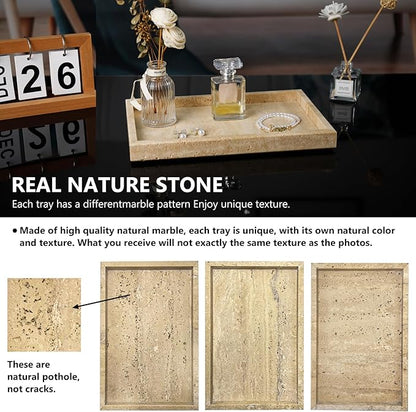 Real Natural Travertine Tray for Bathroom, Vanity, Kitchen and Desktop, Rectangle Genuine Travertine Stone Tray for Jewelry, Cosmetics, Candles, Lotion, Perfume and Home Decor