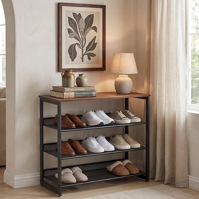 Garden 4 you Shoe Rack for Entryway 4 Tiers 11.8" D x 25" W x 28" H, Metal Shoe Rocks with Brown Wooden Tabletop, Angled Shoes Rack with Adjustable Mesh Shelves for Entryway Hallway Closet