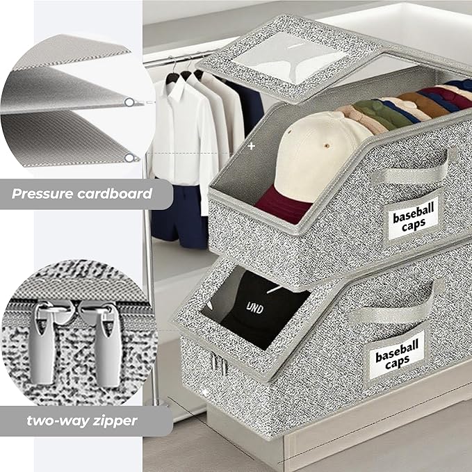 3 Pack Hat Organizer Box for Women & Men, Foldable Storage Box with Clear Lid for Baseball, Cowboy Caps, Stackable Clear Hat Organizer, Store up to 42 Caps, Grey
