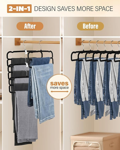 Velvet Pant Hangers, Felt Trouser Hangers for Women and Men, Heavy Duty, Space Saving, 13.77"(L) Slim Double Non-Slip Hanger, 360° Swivel Multiple Flocked Jean Hangers for Adult Teen 10 Pack (Black)