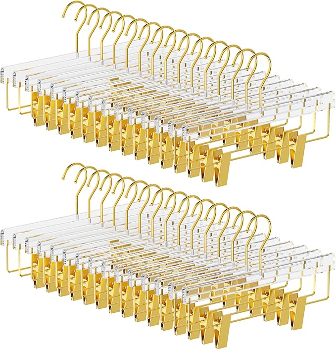 30 Pack Gold Acrylic Hangers, Clear Pants Hangers with Adjustable Non-Slip Clips for Pants, Skirts, Jeans, Trousers, Adults & Kids, Clothing Closet Storage