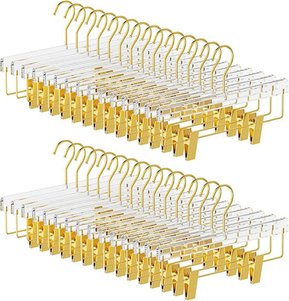 30 Pack Gold Acrylic Hangers, Clear Pants Hangers with Adjustable Non-Slip Clips for Pants, Skirts, Jeans, Trousers, Adults & Kids, Clothing Closet Storage
