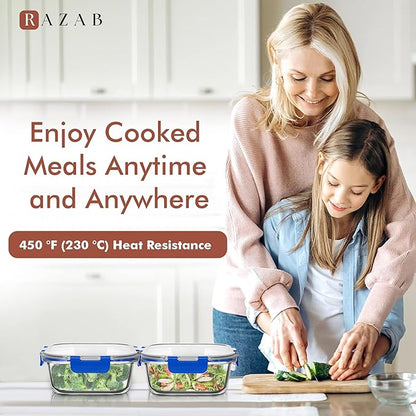 Razab 2 PC 1200ML / 41 Oz Glass Food Storage Containers with Lids - Airtight & Leakproof - Microwave/Oven/Freezer Safe - BPA Free - Ideal for Meal Prep, Storing Leftover & Lunch