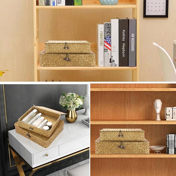 Hipiwe Set of 2 Flat Woven Wicker Storage Bins with Lid Natural Seagrass Basket Boxes Multipurpose Home Organizer Bins Boxes for Shelf Organizer, Caramel