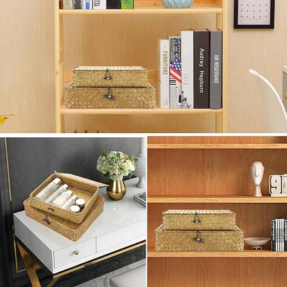 Hipiwe Set of 2 Flat Woven Wicker Storage Bins with Lid Natural Seagrass Basket Boxes Multipurpose Home Organizer Bins Boxes for Shelf Organizer, Caramel