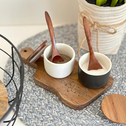 SALT AND PEPPER CELLAR SET WITH ACACIA WOOD LID AND ENGRAVED DECORATIVE HOLDING TRAY - WHITE AND BLACK