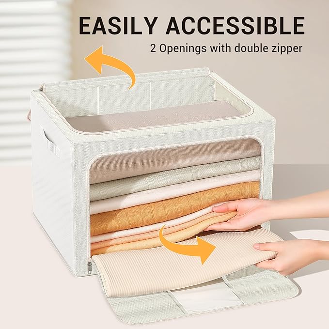 Clothes Storage Bins with Metal Frame, Foldable Clothes Organizers Storage Containers for Clothes, Sheets, Blankets, Pillows and Towels (24L, 3 Pack) Beige
