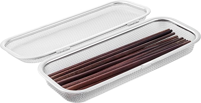 Chopstick Holder for Dishwasher, Kitchen Small utensil organizer for drawer, Mesh 304 Stainless Steel with Lid and Lock, Great accessory for Chopstick or Straw