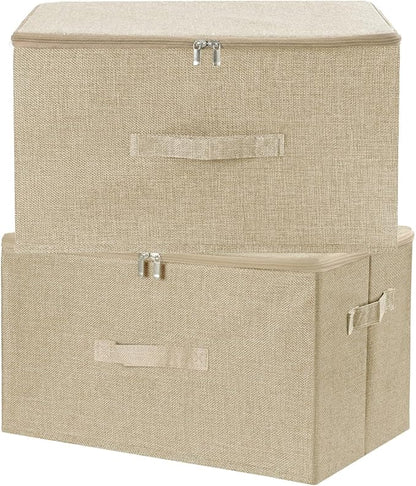 ANMINY 2PCS Storage Bins with Zipper Lids 36 Qt Lidded Fabric Storage Boxes Baskets Cubes with Handles Collapsible Washable Cotton Linen Closet Shelf Clothes Organizer Containers - Beige, Large
