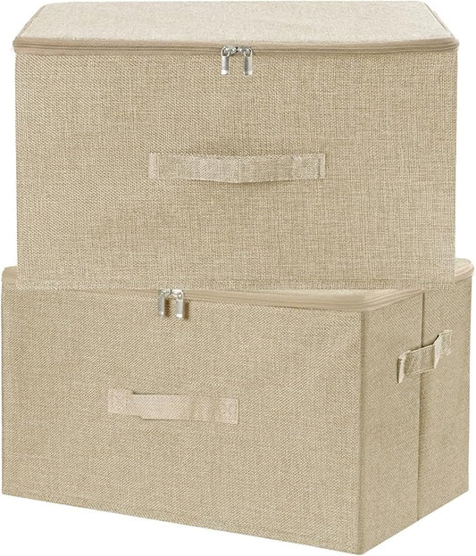 ANMINY 2PCS Storage Bins with Zipper Lids 36 Qt Lidded Fabric Storage Boxes Baskets Cubes with Handles Collapsible Washable Cotton Linen Closet Shelf Clothes Organizer Containers - Beige, Large