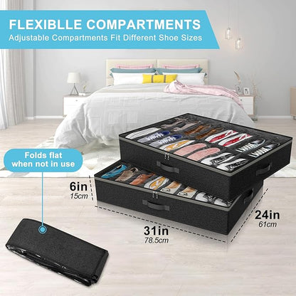 Under Bed Shoe Storage Organizer for Closet, 32 Pairs Sturdy Underbed Shoe Storage Boxes Bins Container Foldable Shoes Storage with Reinforced Handles & Clear Window for College Dorms Black, Set of 2