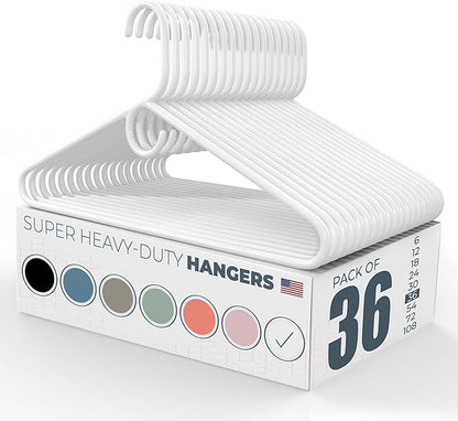 Super Heavy Duty Clothes Hangers 36 Pack – Made in the USA - 10lb Capacity, Thick Plastic Hangers for Pants, Coats, Jackets, Jeans and Adult Clothing – White