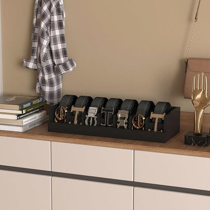 Belt Organizer for Drawer - Bamboo Belt Storage Organizer | Belt Rack for Closet Wall Mount Men Women Tie Sock Bra Scarf Ribbon (Black, 2 * 7Grids)
