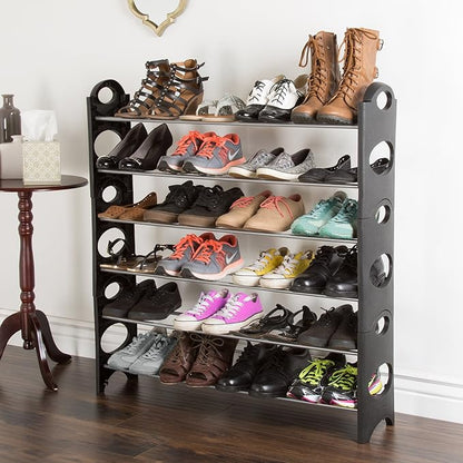 Home-Complete Stackable Shoe Rack – 6-Tier Shoe Organizer for Closet, Bathroom, Entryway – Footwear Shelf Holds 24 Pair Sneakers, Heels, and Boots