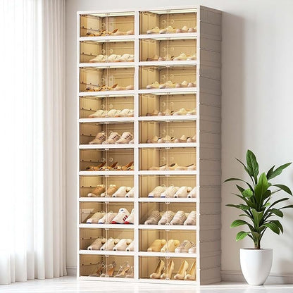 10-Tiers Shoe Rack Organizer with Doors, Foldable Storage Cabinet Holds 40 Pairs, Stackable Plastic Shelf for Closet, Entryway, Living Room, Collapsible Easy Assembly Large
