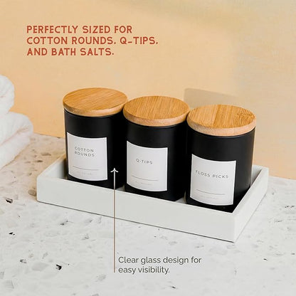 Vase and Vessel Mini Glass Apothecary Jars with Bamboo Lids, Small Bathroom and Kitchen Storage Containers, For Cotton Balls, Pads and Swabs, 10 oz, Set of 3 (Matte Black)
