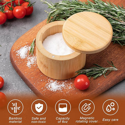 Husfunov Bamboo Salt Cellar, Magnetic Swivel Lid Salt Box, Round Container for Storing Pepper Sugar Herbs, 6 Ounce Capacity