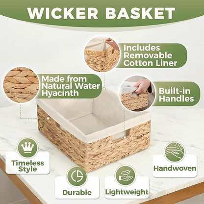 Wicker Shelf Storage Baskets for Organizing - Natural Water Hyacinth Woven Basket Organizers & Storage for Shelves w/Handles & Cotton Liner for Home & Pantry Decor Organization, Large 15” x 12” x 6”