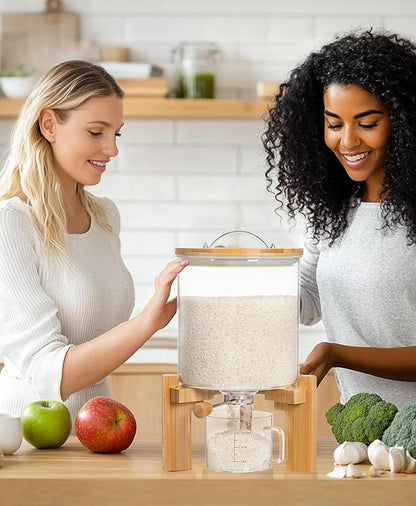 HBlife 8-10 Lbs Glass Rice Dispenser with Wooden Stand Flour and Cereal Container with Glass Measuring Cup Pantry Food Organization Storage Bin with Airtight Bamboo Lid, 5L