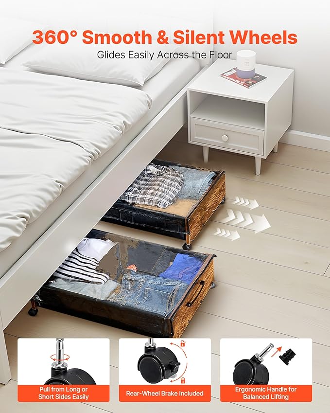 VEVOR Under Bed Storage with Wheels, 36.0 x 18.1 x 7.3 inch, Underbed Containers with Clear Lid, Underbed Shoe Organizer, Rolling Under the Bed Storage Bins for Clothes Shoes Blankets Bedroom, 2 Pack