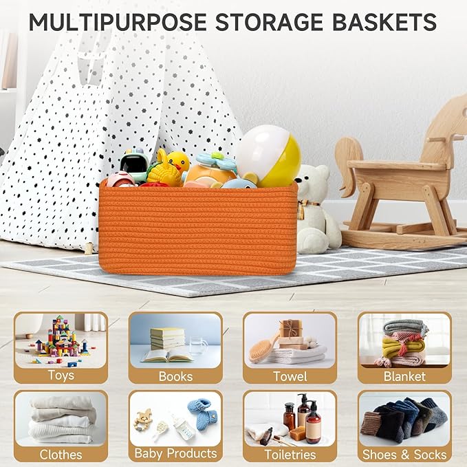 3-Pack Storage Baskets for Organizing | Woven Shelf Toy Basket | Rope Baskets for Gifts Empty | Closet Organizer Bins with Handles | Cube Decorative Box | 13.7×7.1×6.7” | Orange