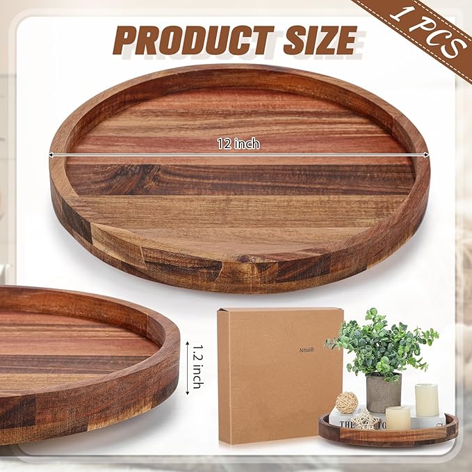 Nitial 12'' Acacia Wood Lazy Susan Organizer Wooden Rotating Turntable Organizer Kitchen Organizer Turntable for Dining Table Countertop Kitchen Cabinet Pantry Storage
