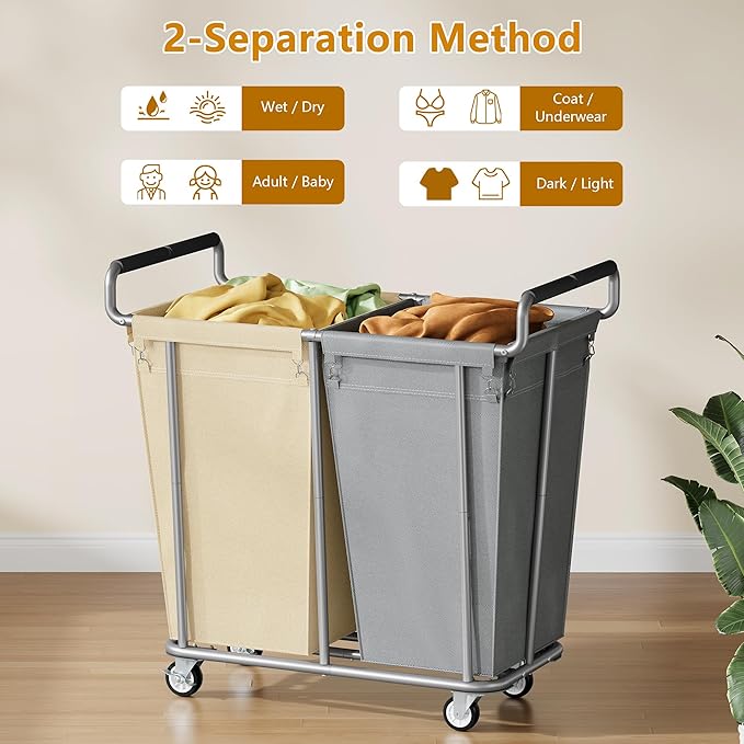 Gewudraw Large laundry hamper with Wheels, 2 Bag 360L Big Rolling Laundry Basket Sorter Cart, Extra Large Laundry Clothes Hamper, Heavy Duty Laundry Basket Organizer for Laundry Room,Bathroom