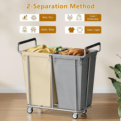 Gewudraw Large laundry hamper with Wheels, 2 Bag 360L Big Rolling Laundry Basket Sorter Cart, Extra Large Laundry Clothes Hamper, Heavy Duty Laundry Basket Organizer for Laundry Room,Bathroom