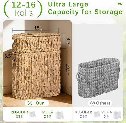 Livole 2-in-1 Toilet Paper Basket with Lid Water Hyacinth Toilet Paper Storage - 16 Regular Rolls or 12 Mega Rolls Large Natural Toilet Paper Organizer for Bathroom