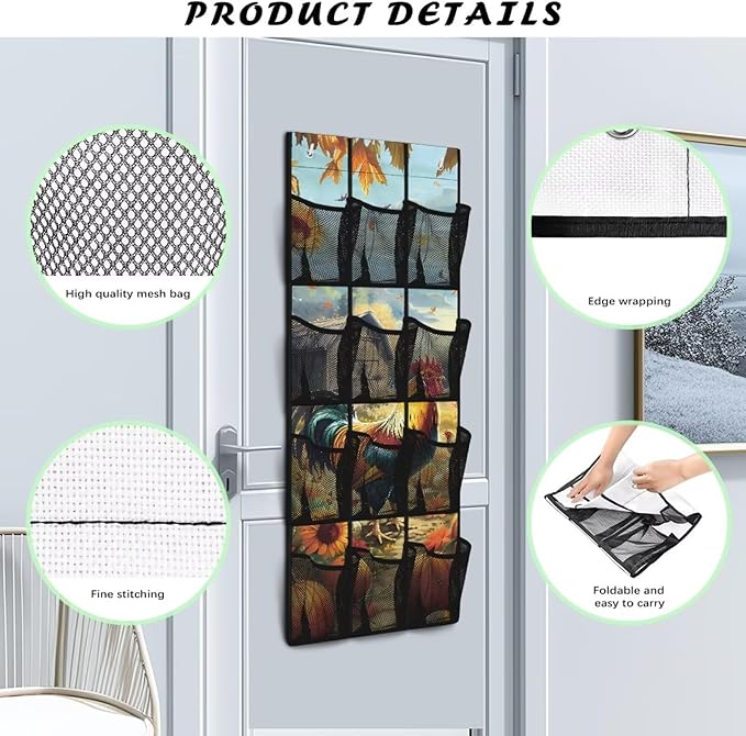 Roosters 12-Pocket Door Organizer - Breathable Mesh Design for Shoes, Accessories - Ultra-Lightweight & Foldable