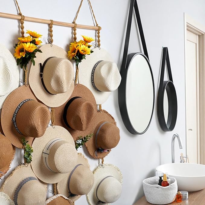 Macrame Hat Organizer Rack for Wall 15 Clips 31x66in Large Fedora Hat Hangers Display for Wide Brimmed Hat Holder Storage Boho Decor for Fedora Sun Straw Panama Closet Bedroom Brown
