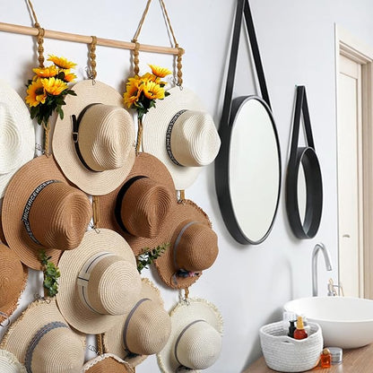 Macrame Hat Organizer Rack for Wall 15 Clips 31x66in Large Fedora Hat Hangers Display for Wide Brimmed Hat Holder Storage Boho Decor for Fedora Sun Straw Panama Closet Bedroom Brown